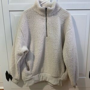 Like New American Eagle Large Sherpa Fleece White Quarter Zip Sweater